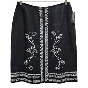 Parisian Skirt Womens 12 Black 100% Linen White Embroidered Zip Office Preppy